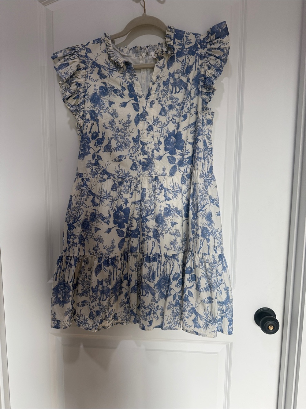 Fate Blue and White Floral and Animal picture Ruffle Mini Dress
